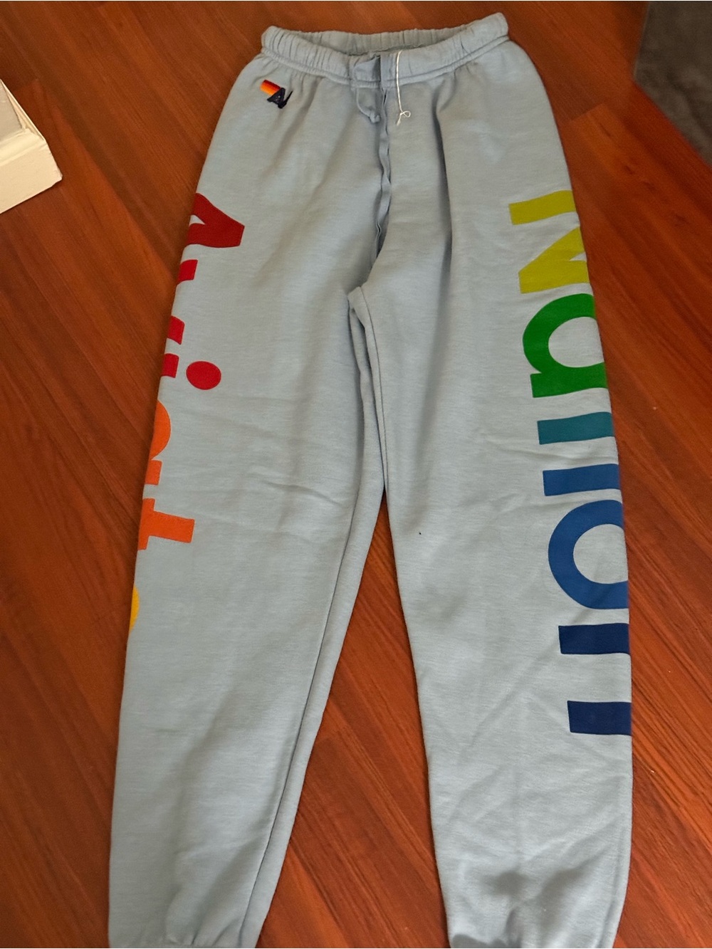 Aviator Nation Light Blue Rainbow-Logo Joggers